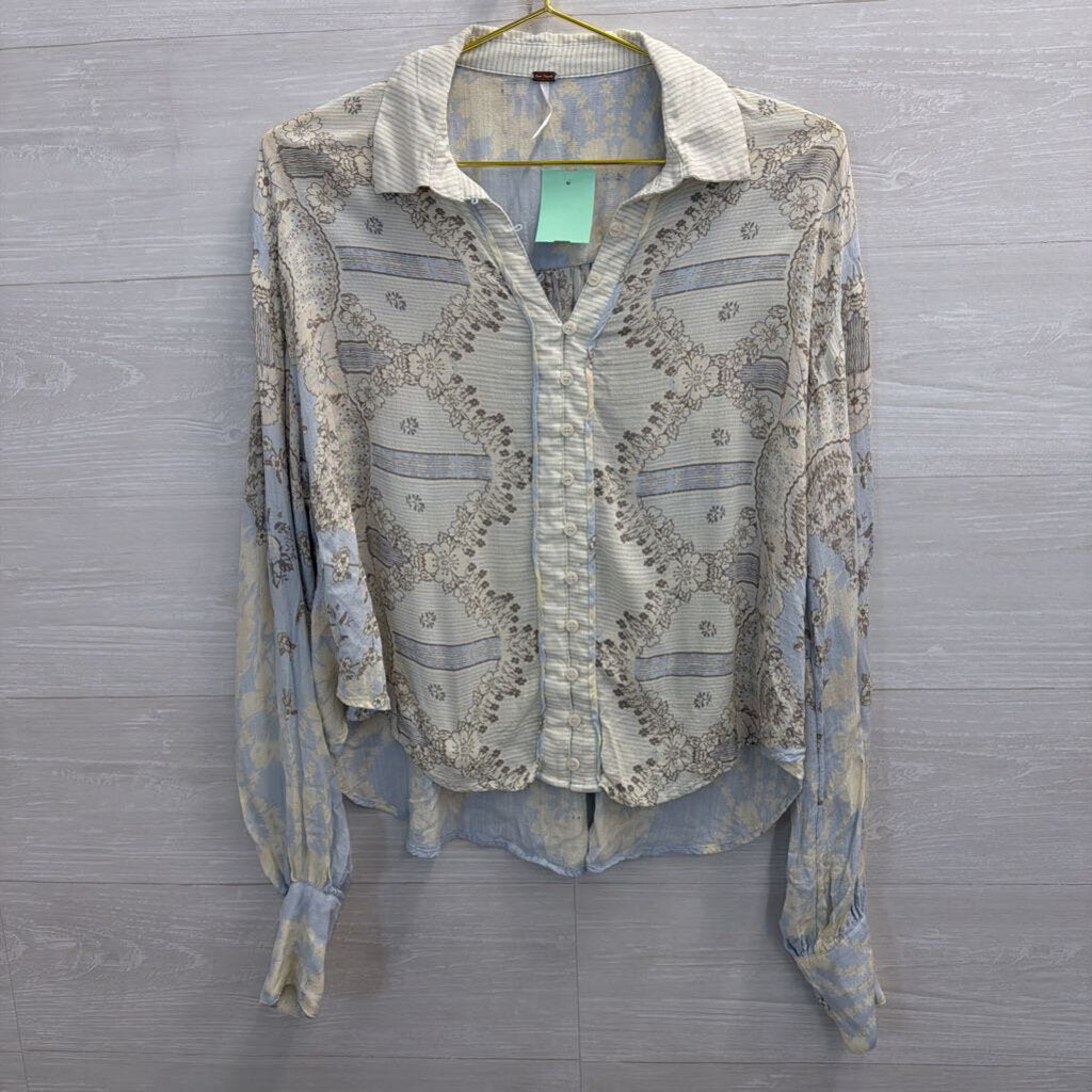 Free People White/ Blue/ Grey Print Long Sleeve Button Down Top Extra Small
