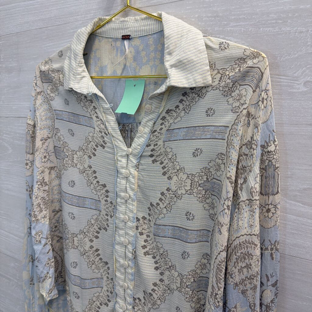 Free People White/ Blue/ Grey Print Long Sleeve Button Down Top Extra Small