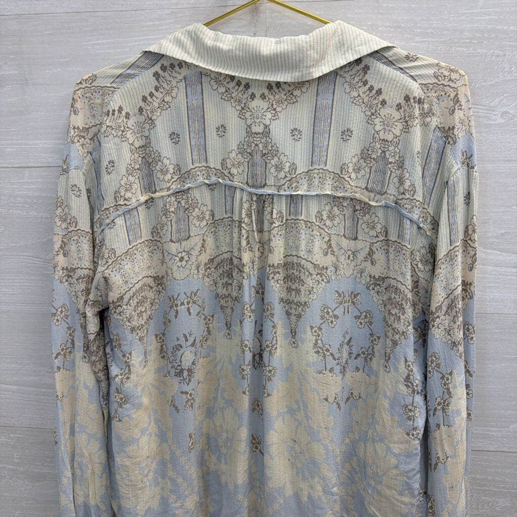 Free People White/ Blue/ Grey Print Long Sleeve Button Down Top Extra Small