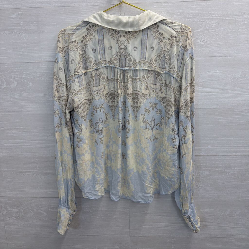 Free People White/ Blue/ Grey Print Long Sleeve Button Down Top Extra Small
