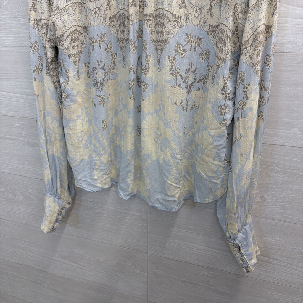 Free People White/ Blue/ Grey Print Long Sleeve Button Down Top Extra Small