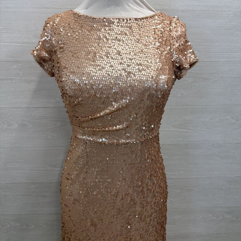 Adrianna Papell Rose Gold Sequin Short Sleeve Long Formal Dress 4