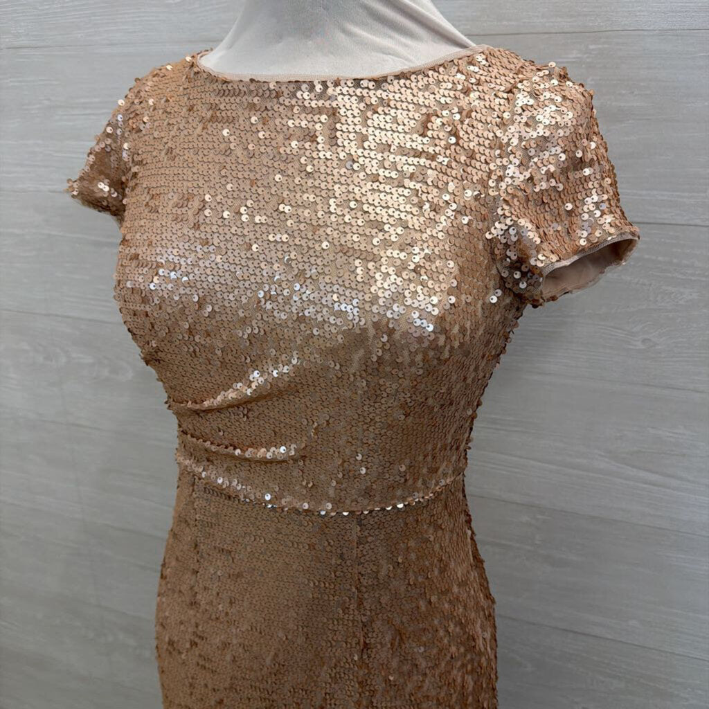 Adrianna Papell Rose Gold Sequin Short Sleeve Long Formal Dress 4