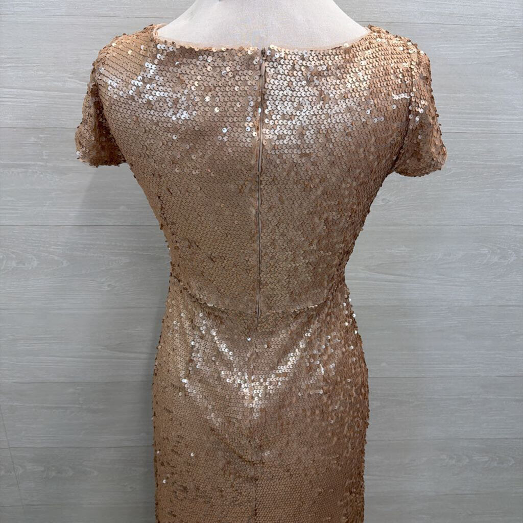 Adrianna Papell Rose Gold Sequin Short Sleeve Long Formal Dress 4