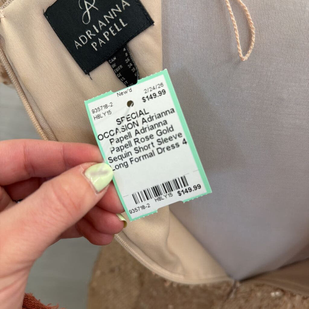 Adrianna Papell Rose Gold Sequin Short Sleeve Long Formal Dress 4