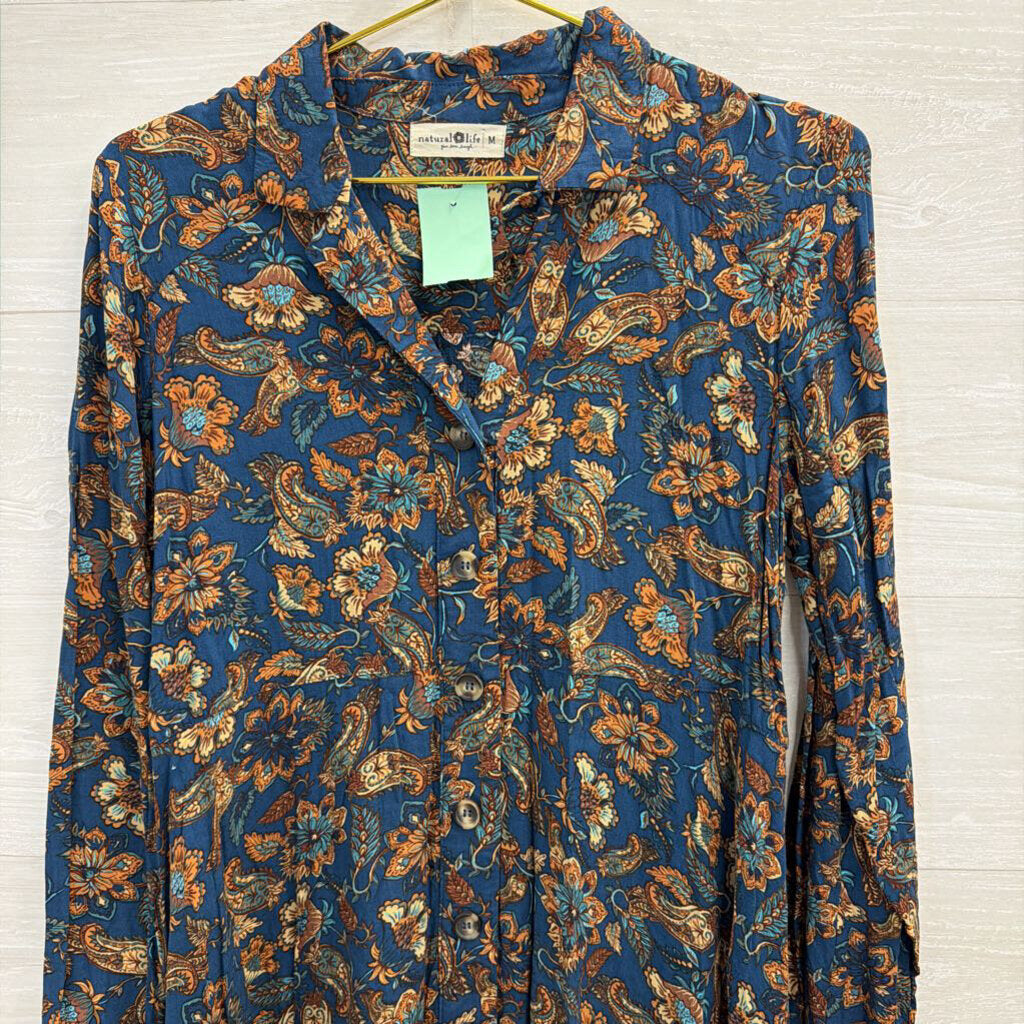 Natural Life Navy/ Brown Print Long Sleeve Button Down Dress Medium