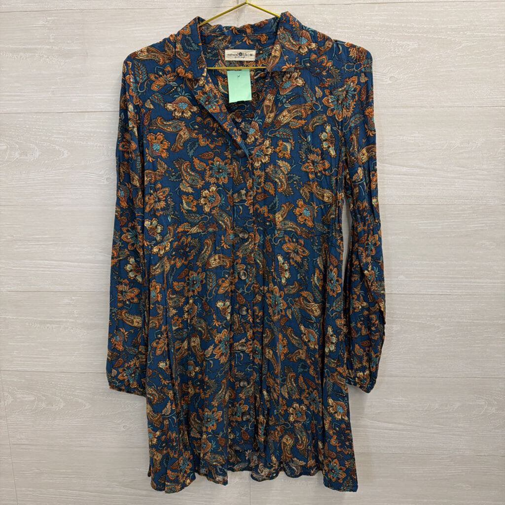 Natural Life Navy/ Brown Print Long Sleeve Button Down Dress Medium