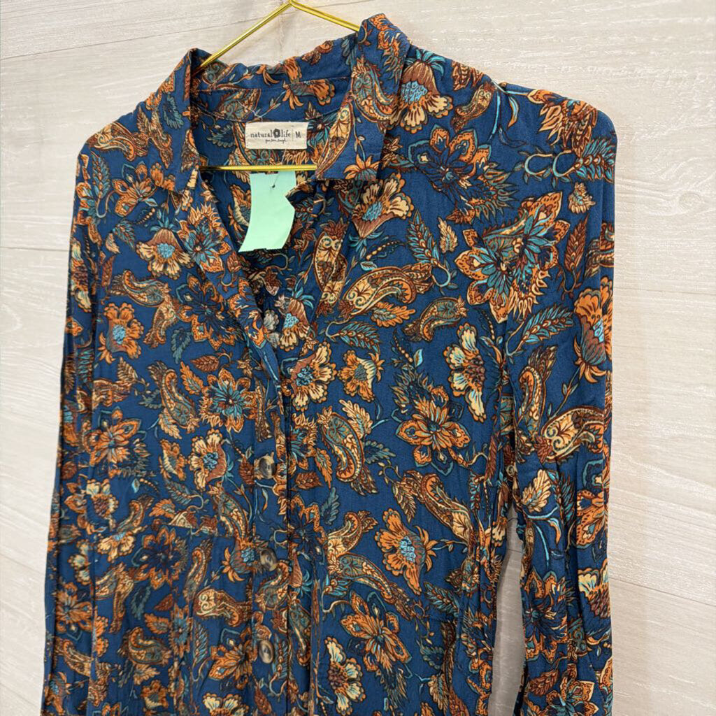Natural Life Navy/ Brown Print Long Sleeve Button Down Dress Medium