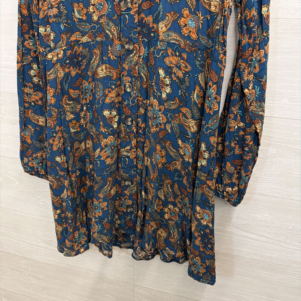 Natural Life Navy/ Brown Print Long Sleeve Button Down Dress Medium