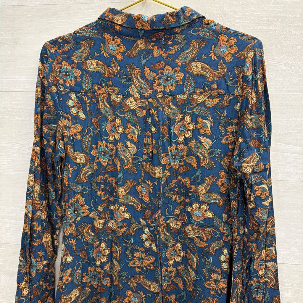 Natural Life Navy/ Brown Print Long Sleeve Button Down Dress Medium