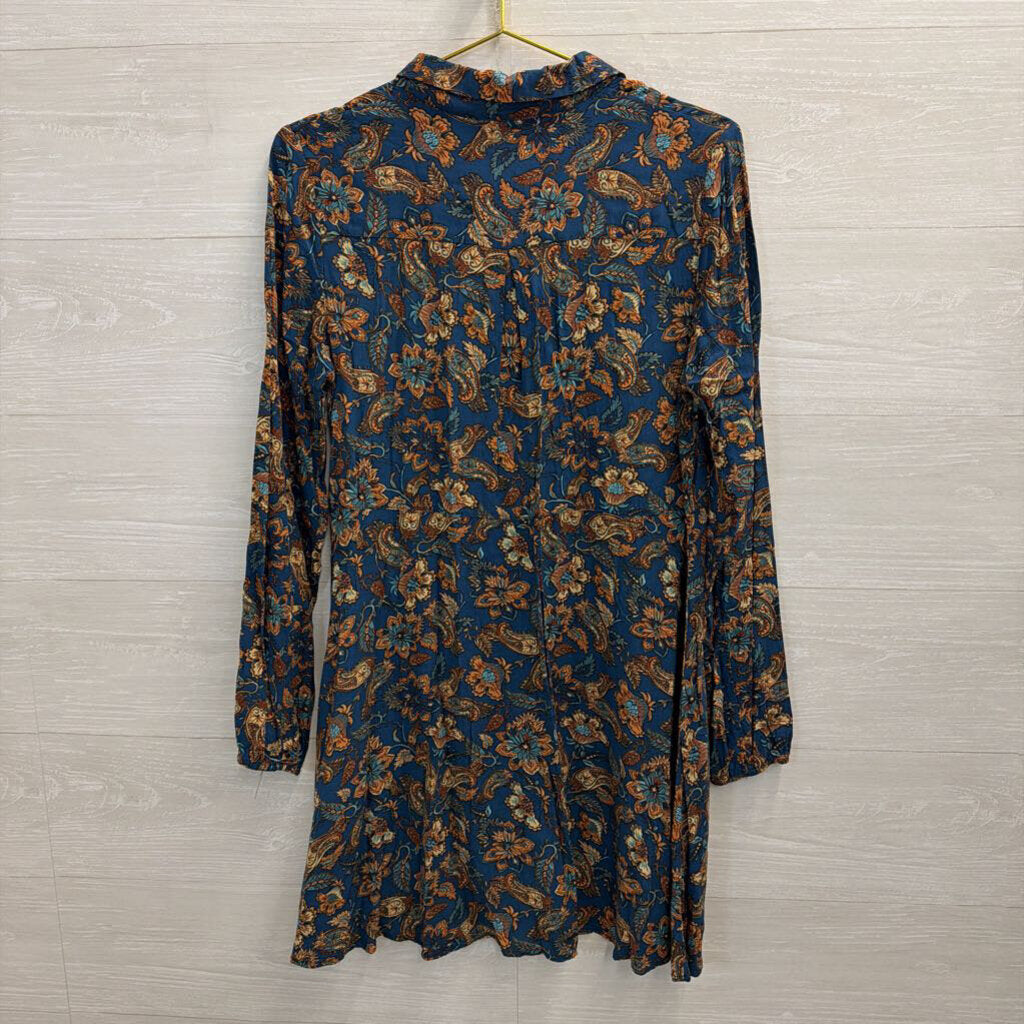 Natural Life Navy/ Brown Print Long Sleeve Button Down Dress Medium
