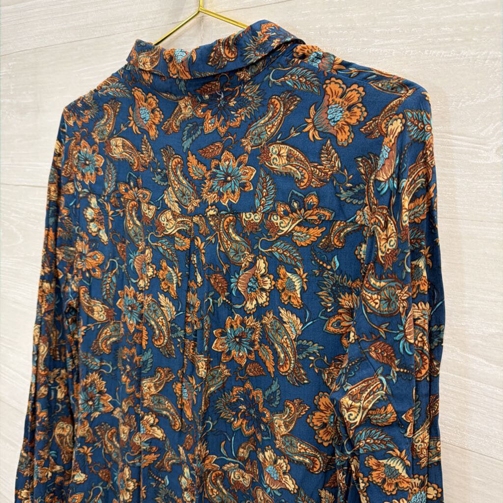 Natural Life Navy/ Brown Print Long Sleeve Button Down Dress Medium