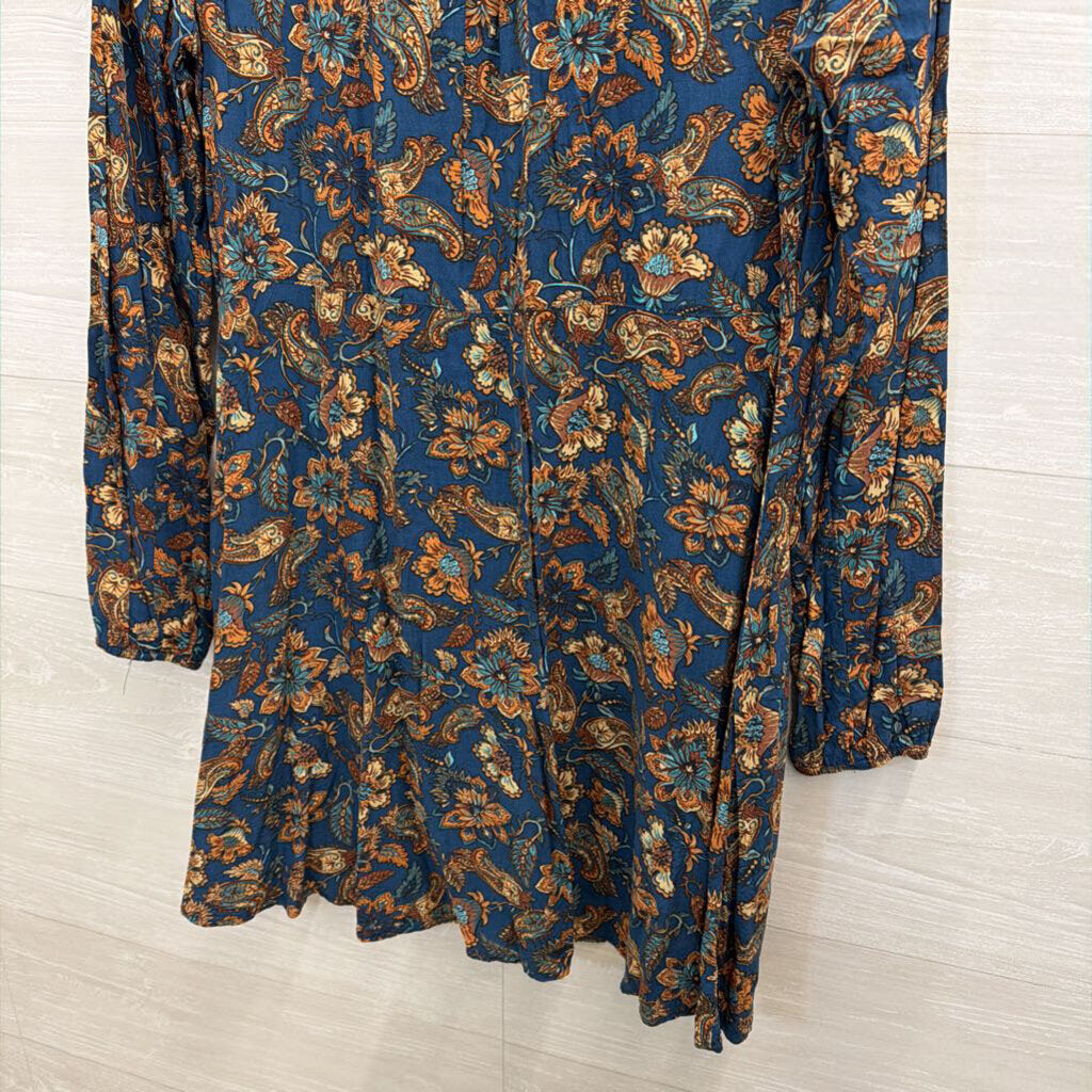 Natural Life Navy/ Brown Print Long Sleeve Button Down Dress Medium