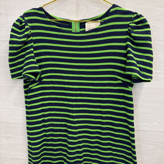 Sail to Sable Navy/ Green Striped Short Puff Sleeve Dress Medium
