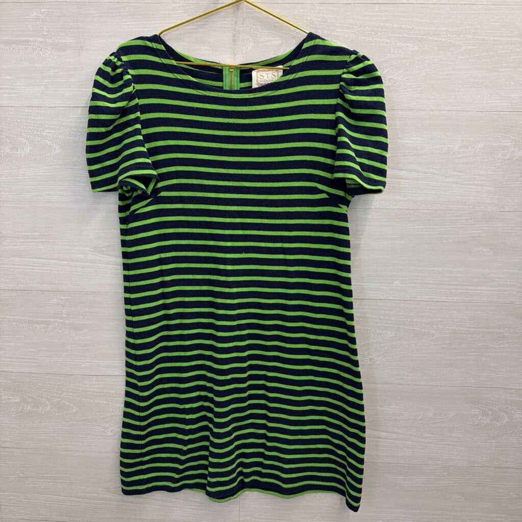 Sail to Sable Navy/ Green Striped Short Puff Sleeve Dress Medium