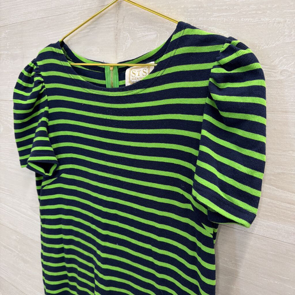 Sail to Sable Navy/ Green Striped Short Puff Sleeve Dress Medium