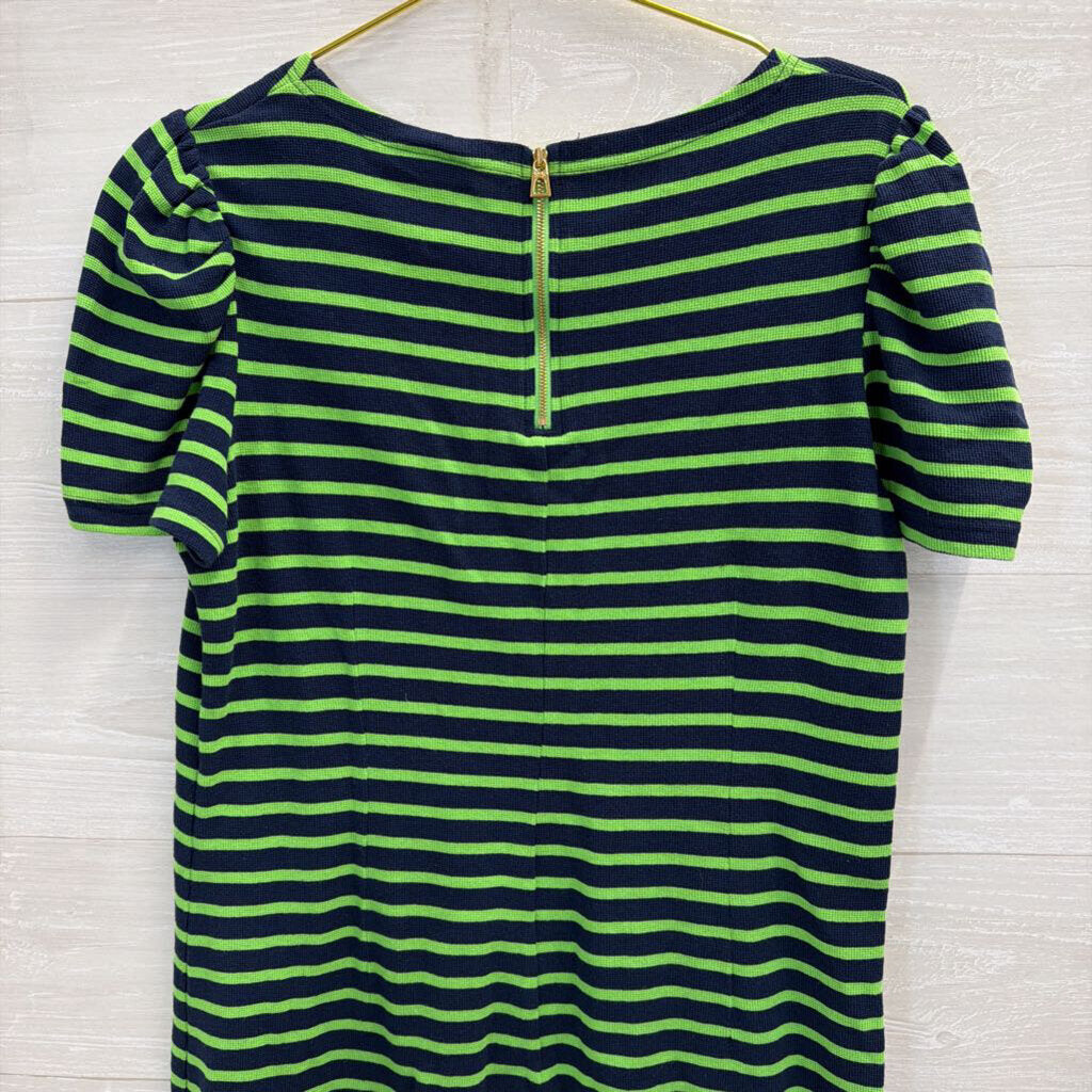 Sail to Sable Navy/ Green Striped Short Puff Sleeve Dress Medium
