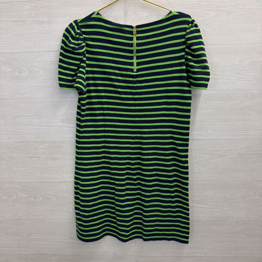 Sail to Sable Navy/ Green Striped Short Puff Sleeve Dress Medium