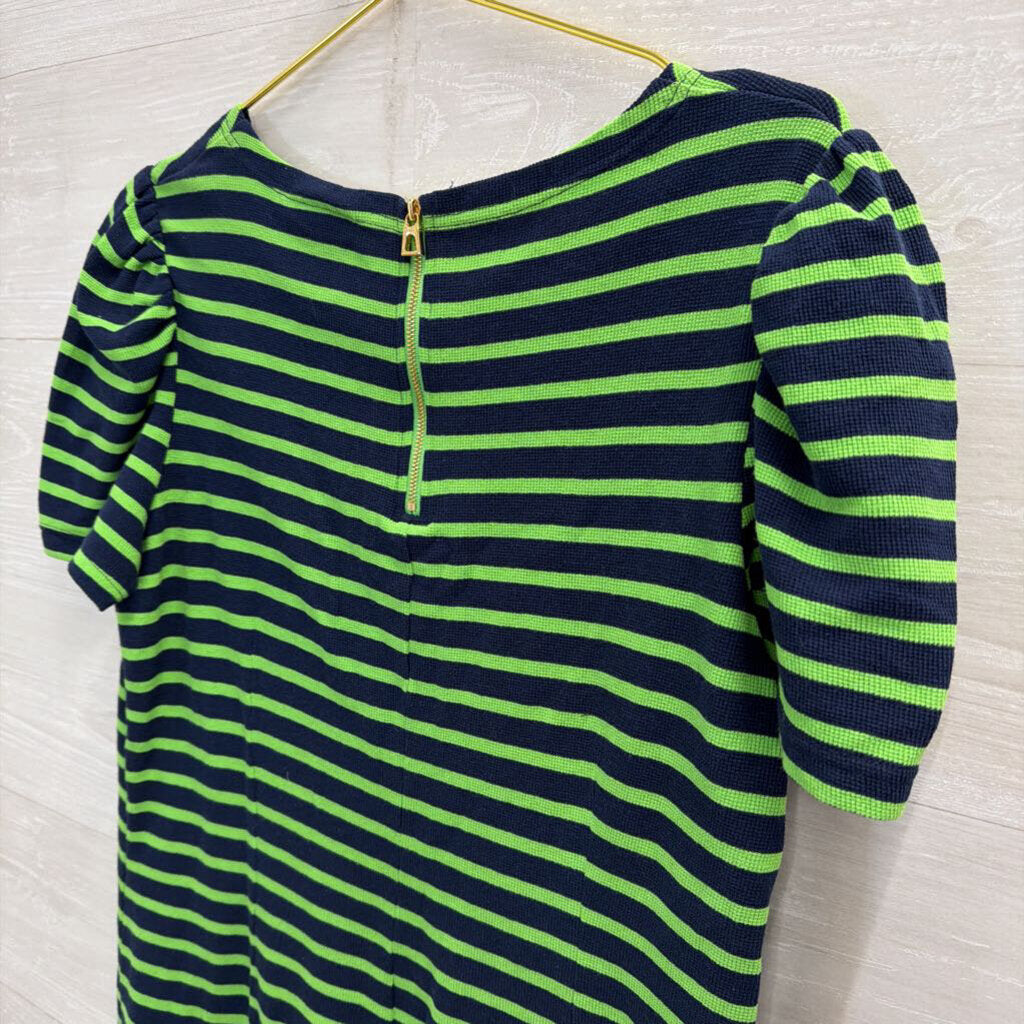 Sail to Sable Navy/ Green Striped Short Puff Sleeve Dress Medium