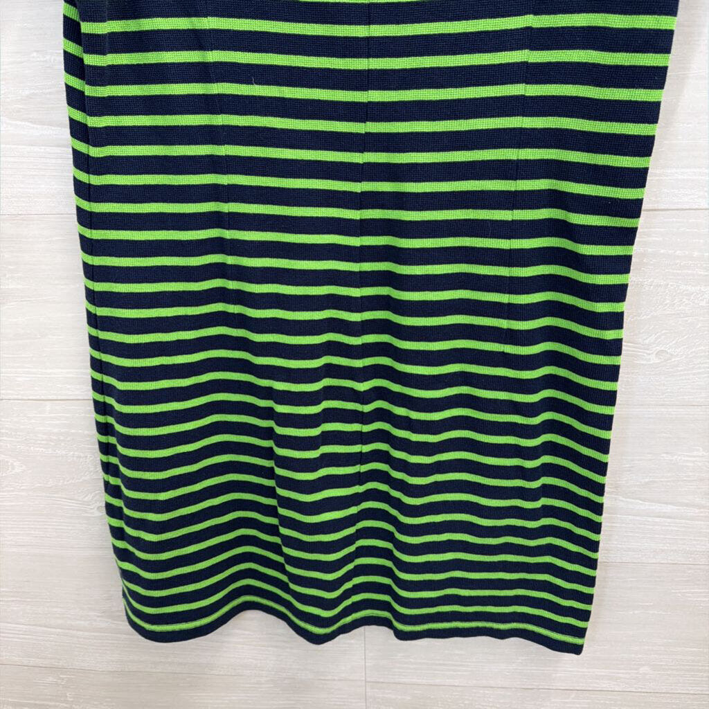 Sail to Sable Navy/ Green Striped Short Puff Sleeve Dress Medium