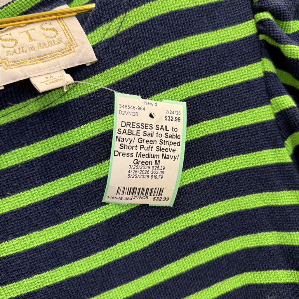 Sail to Sable Navy/ Green Striped Short Puff Sleeve Dress Medium
