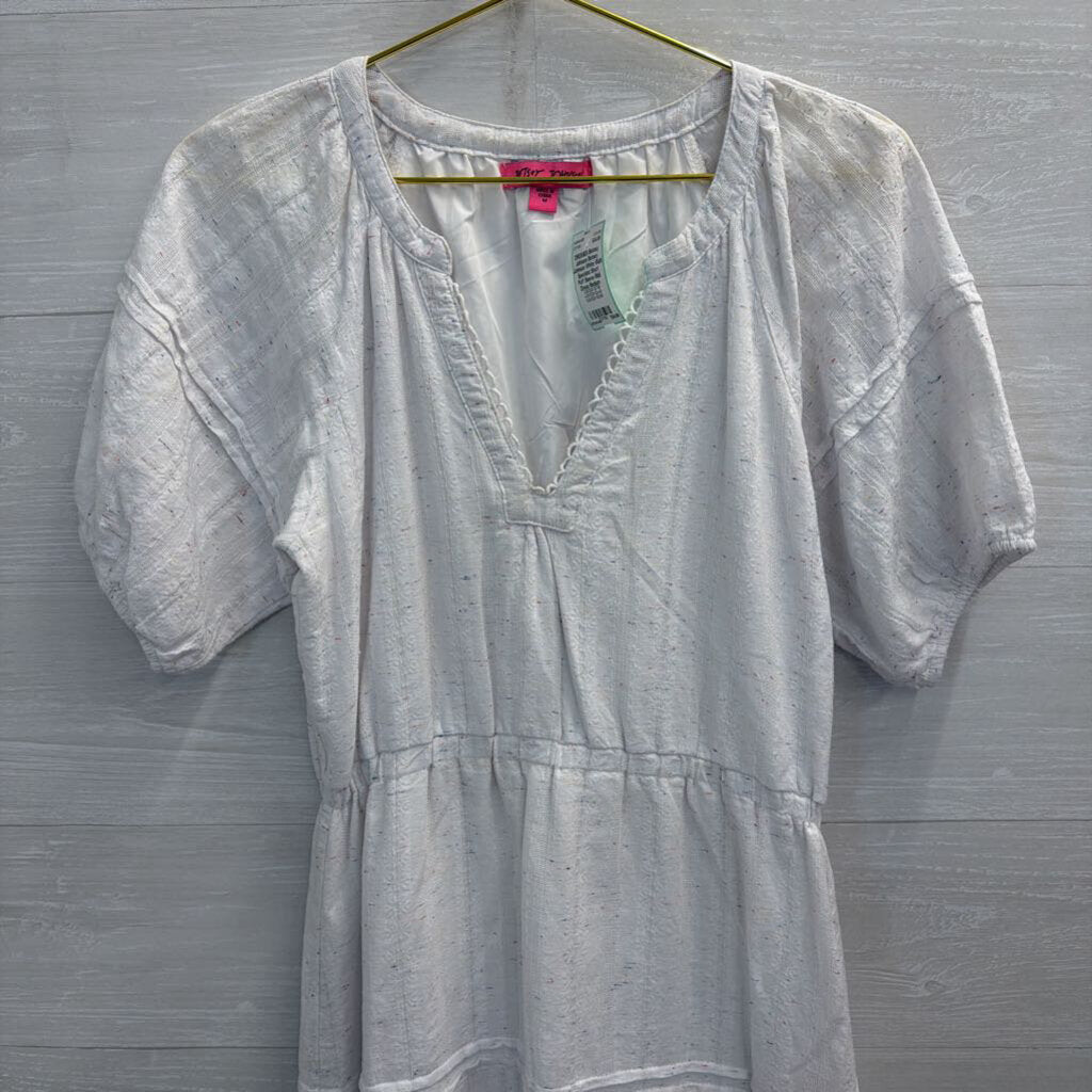 Betsey Johnson White/ Multi Speckled Short Puff Sleeve Midi Dress Medium