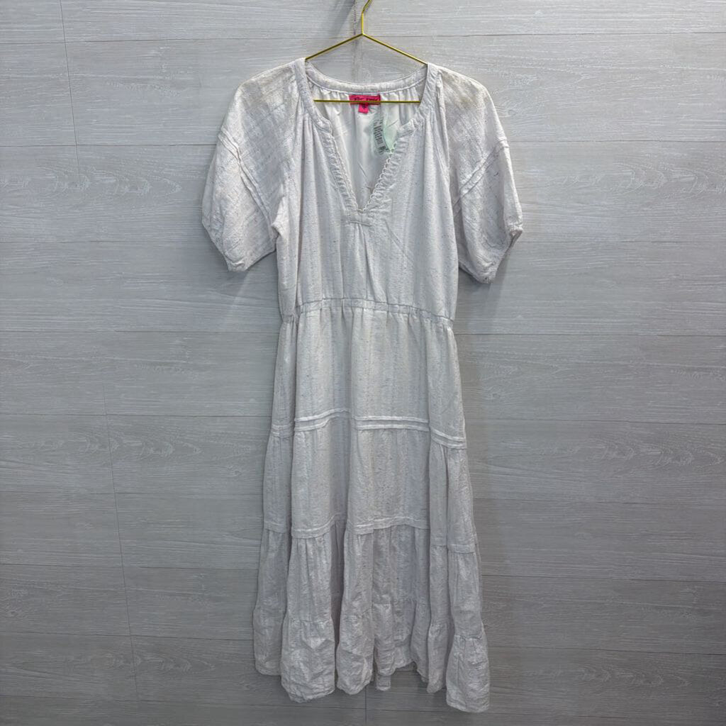 Betsey Johnson White/ Multi Speckled Short Puff Sleeve Midi Dress Medium