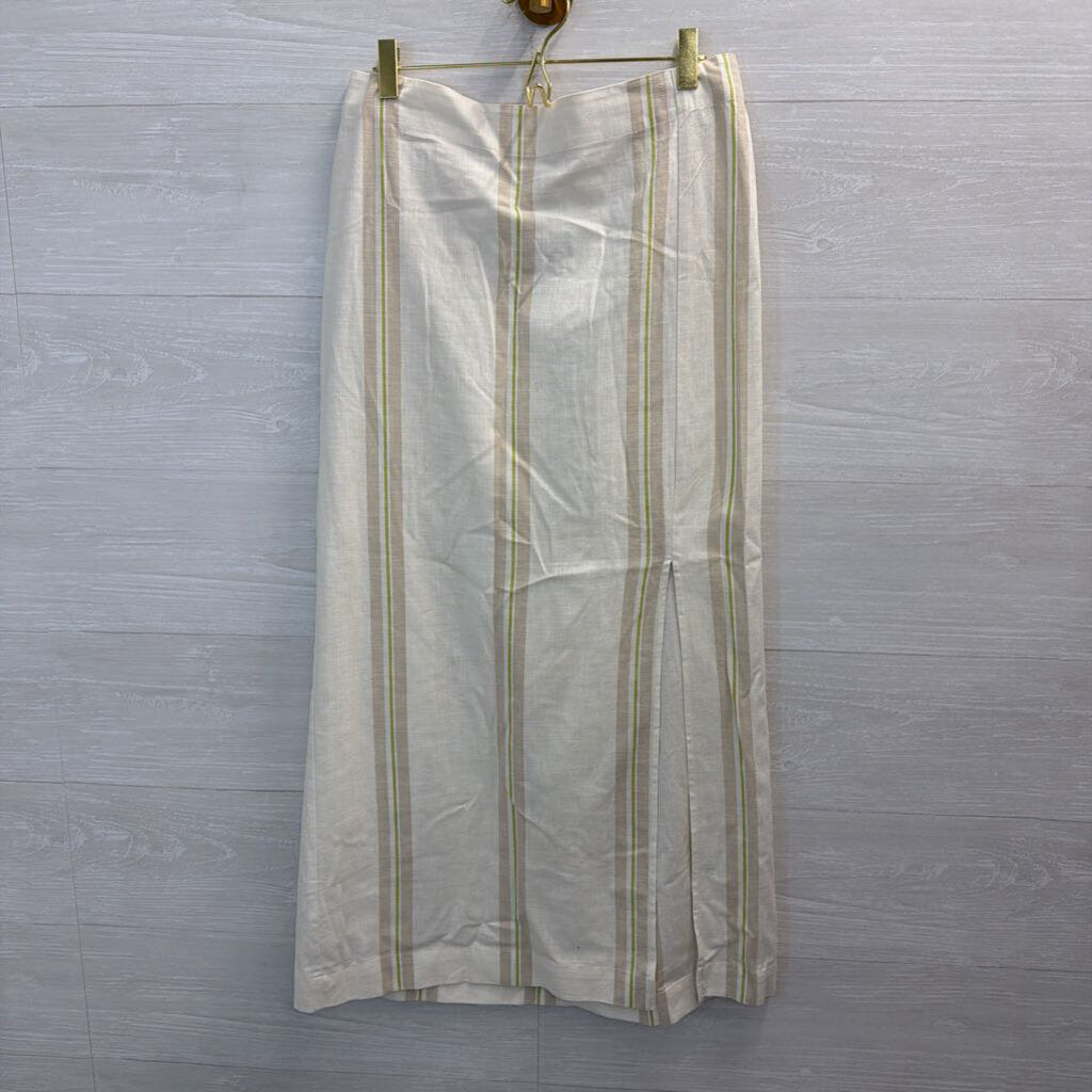 Cream/ Beige/ Green Striped Midi Skirt Medium