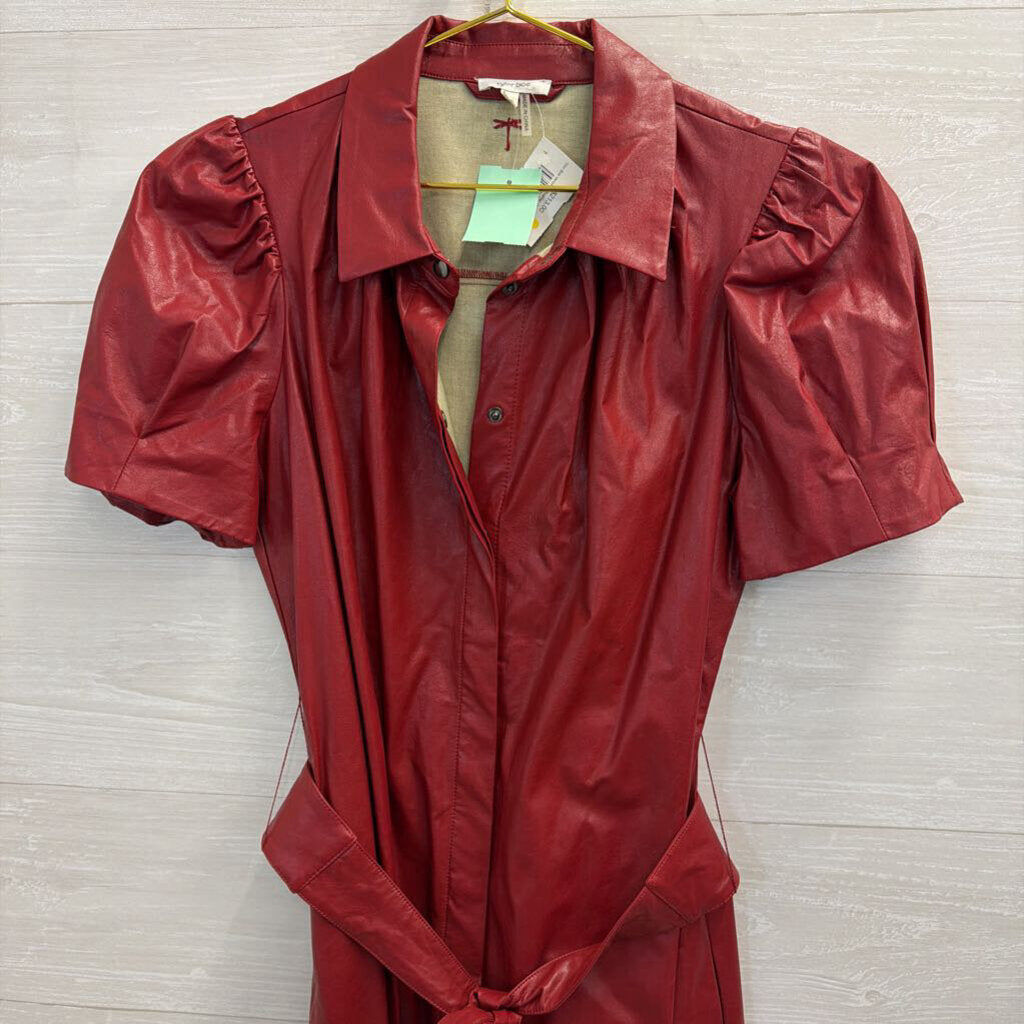 Tyler Boe Red Faux Leather Short Puff Sleeve Snap Front Tie Waist Dress 8