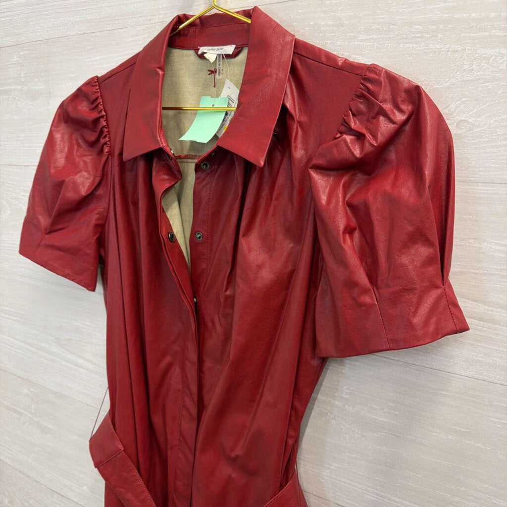 Tyler Boe Red Faux Leather Short Puff Sleeve Snap Front Tie Waist Dress 8