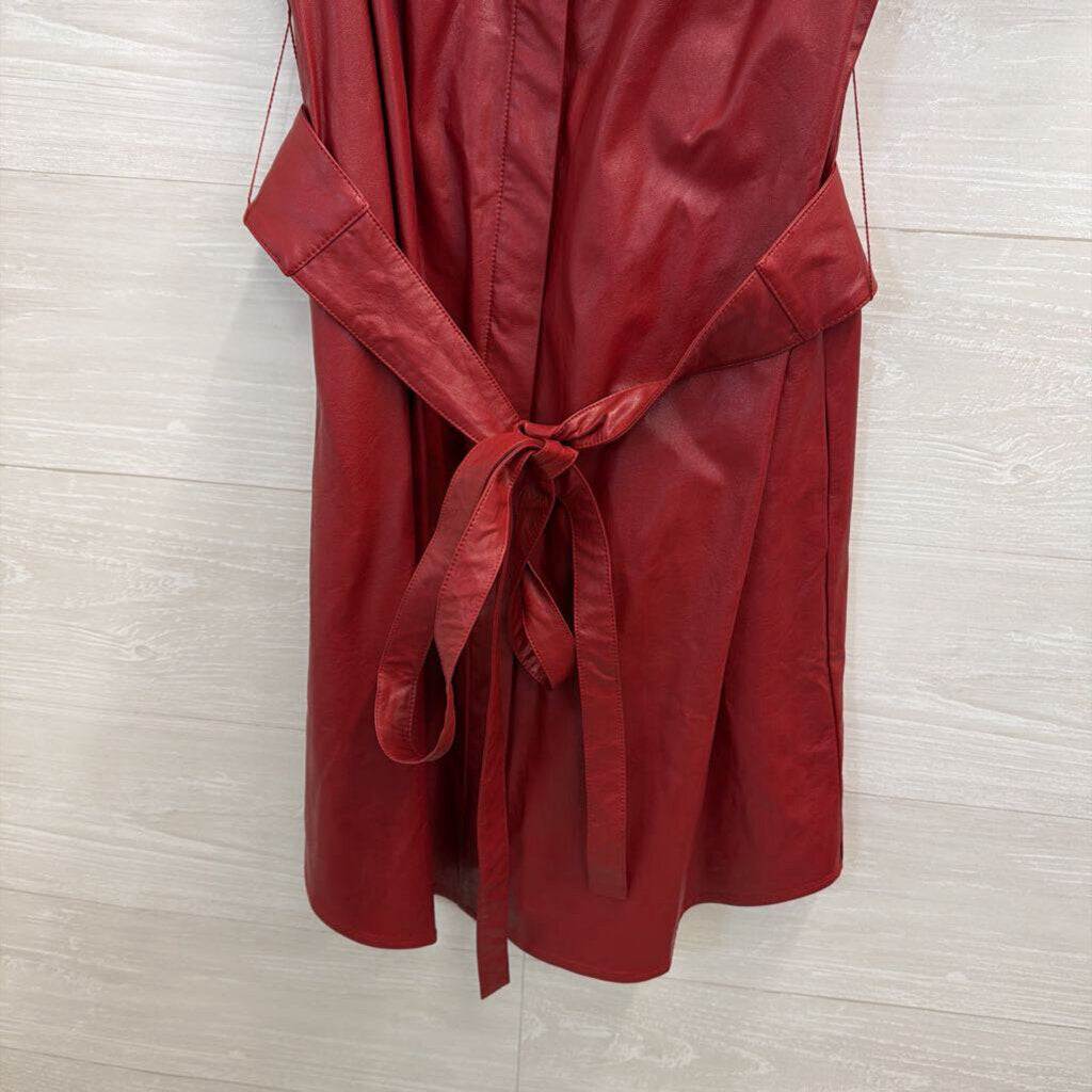Tyler Boe Red Faux Leather Short Puff Sleeve Snap Front Tie Waist Dress 8