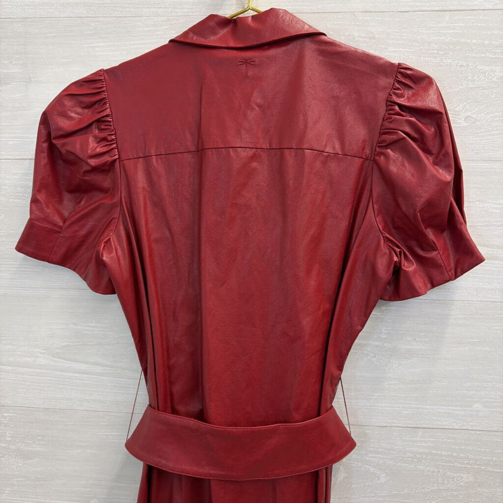 Tyler Boe Red Faux Leather Short Puff Sleeve Snap Front Tie Waist Dress 8