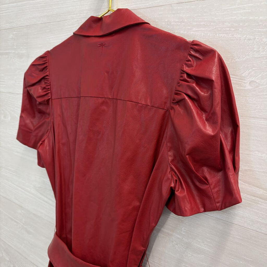 Tyler Boe Red Faux Leather Short Puff Sleeve Snap Front Tie Waist Dress 8
