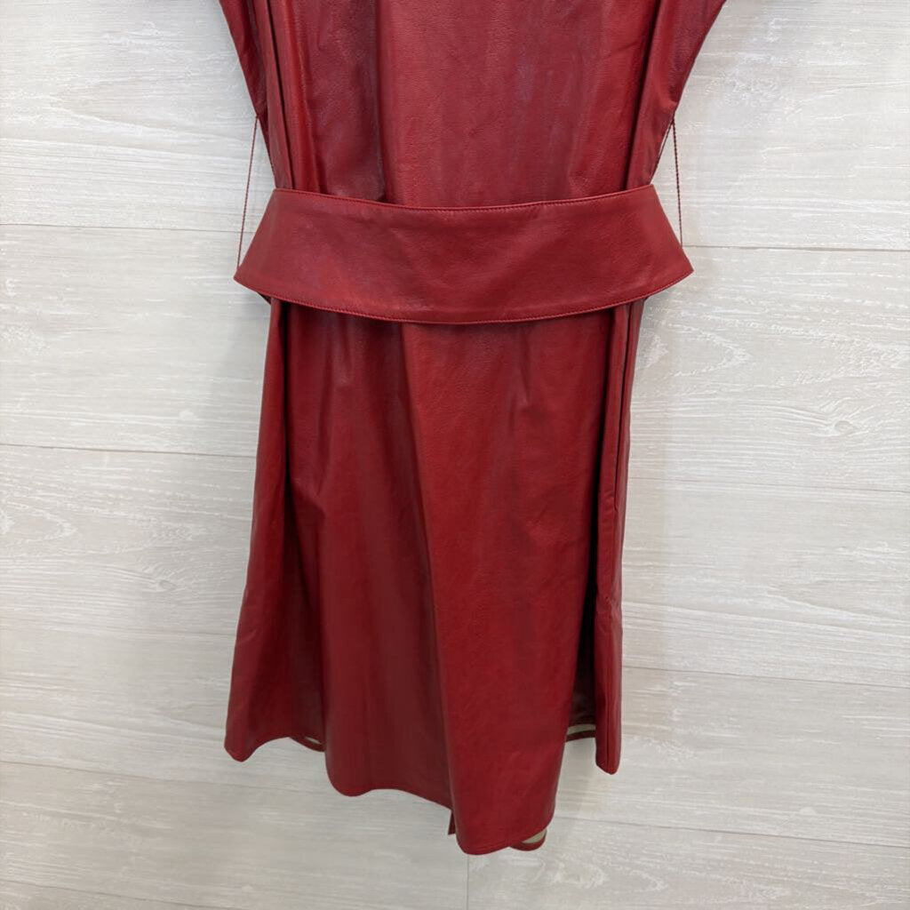 Tyler Boe Red Faux Leather Short Puff Sleeve Snap Front Tie Waist Dress 8
