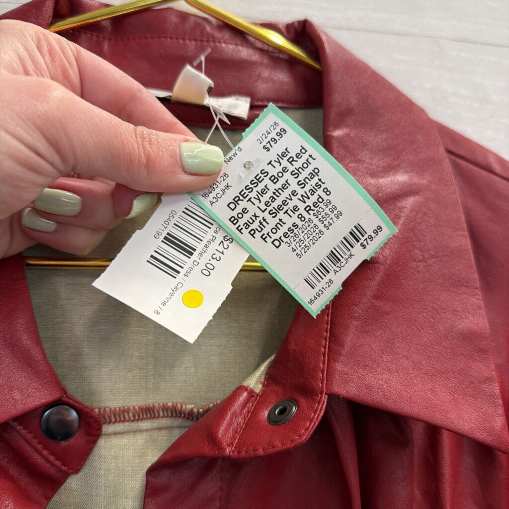 Tyler Boe Red Faux Leather Short Puff Sleeve Snap Front Tie Waist Dress 8