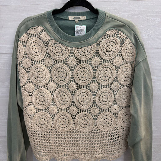 Gimmicks Green/ Beige Crochet Long Sleeve Top Small