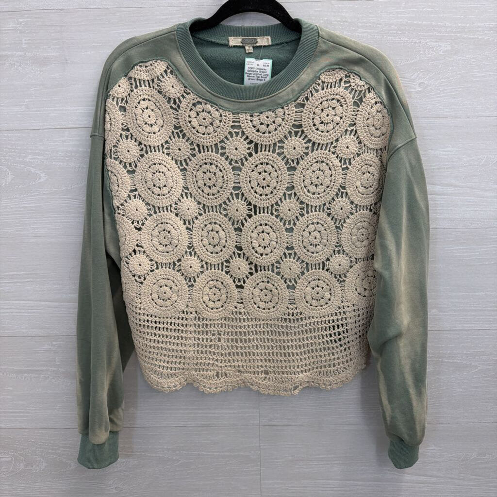 Gimmicks Green/ Beige Crochet Long Sleeve Top Small