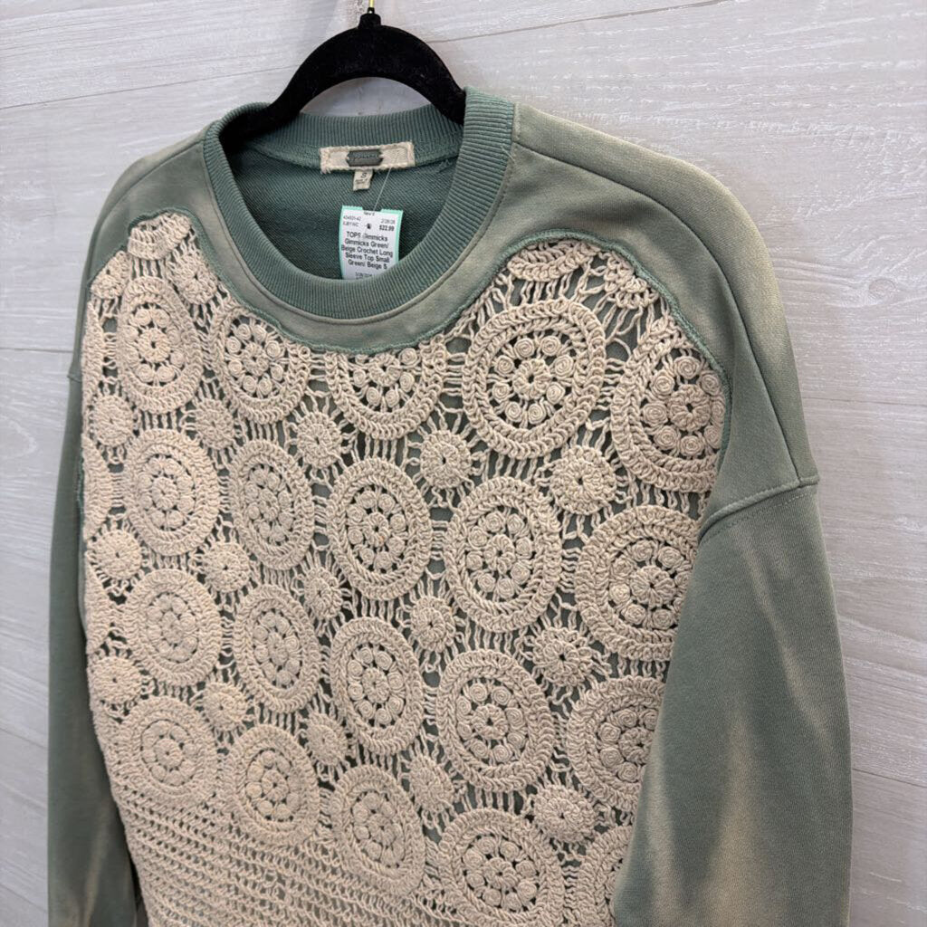 Gimmicks Green/ Beige Crochet Long Sleeve Top Small