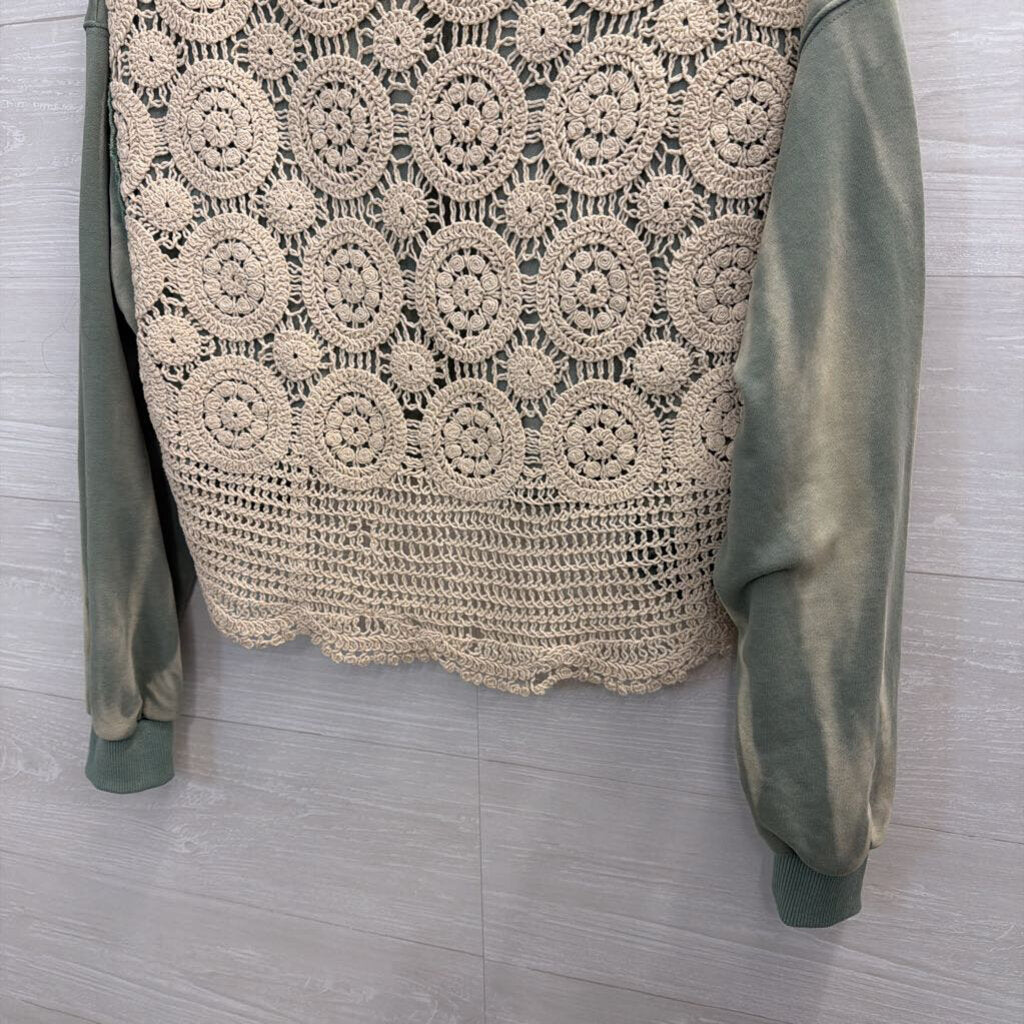 Gimmicks Green/ Beige Crochet Long Sleeve Top Small