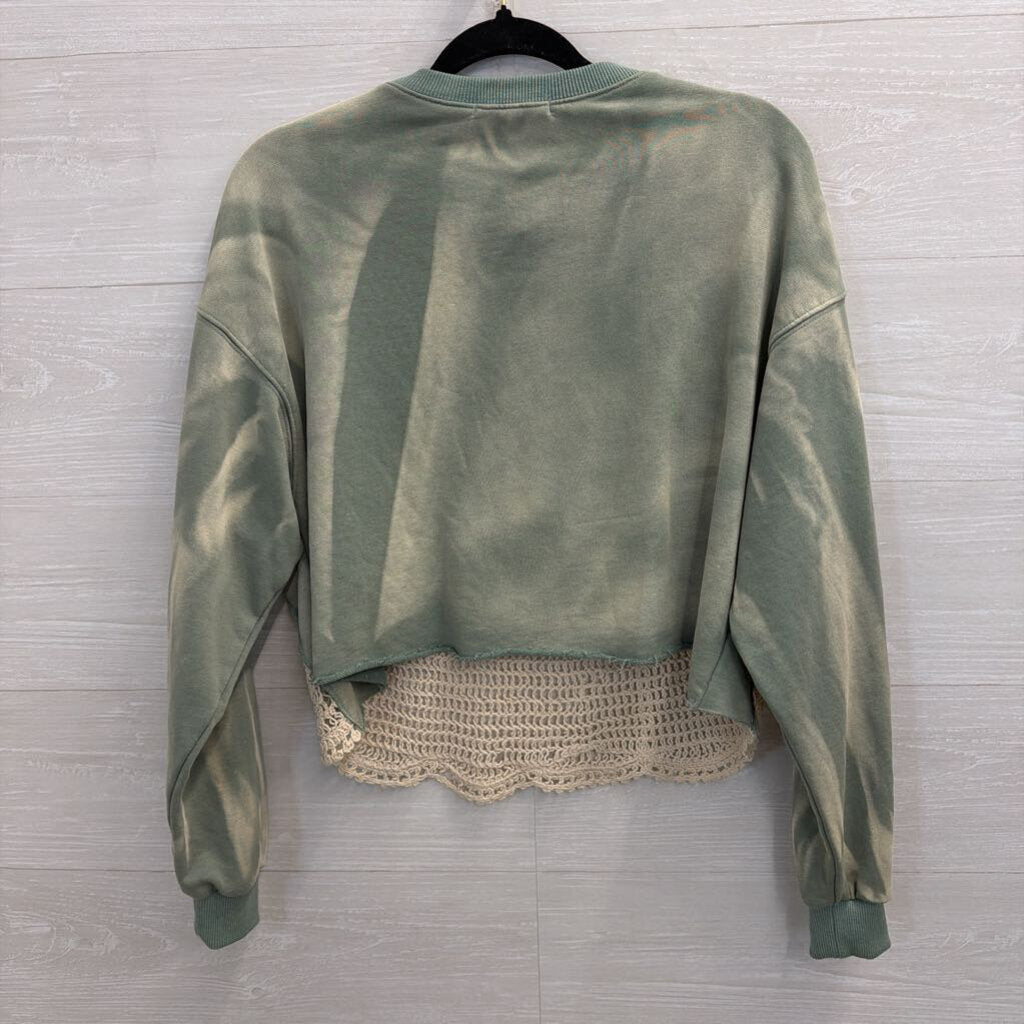 Gimmicks Green/ Beige Crochet Long Sleeve Top Small