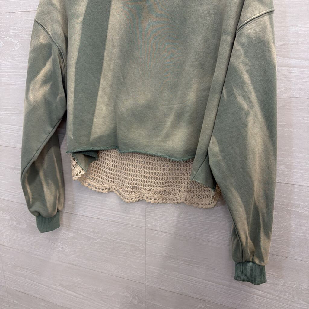 Gimmicks Green/ Beige Crochet Long Sleeve Top Small