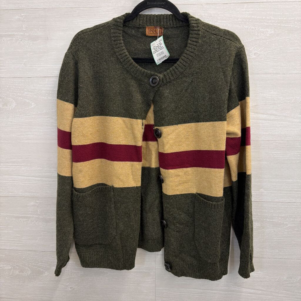 POL Grey/ Beige/ Red Stripe Detail Cardigan Sweater Small