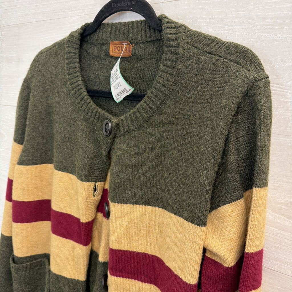 POL Grey/ Beige/ Red Stripe Detail Cardigan Sweater Small