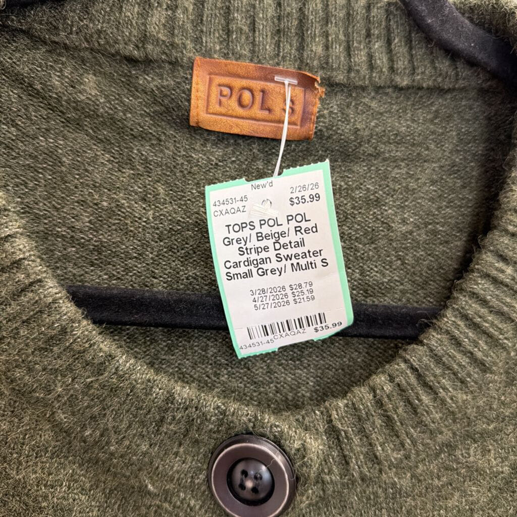 POL Grey/ Beige/ Red Stripe Detail Cardigan Sweater Small