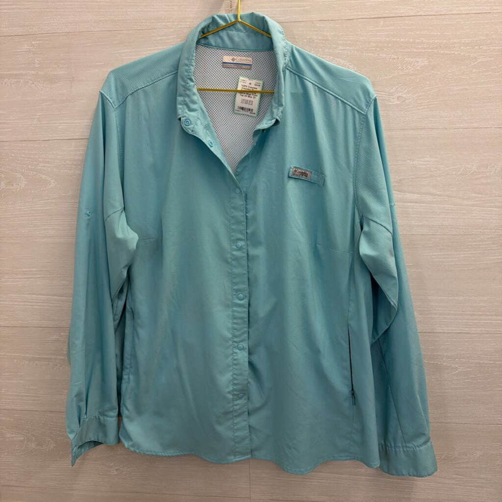 Columbia Blue Textured Long Sleeve Snap Front Top 2X