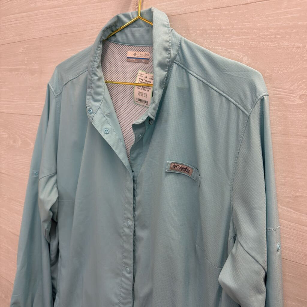 Columbia Blue Textured Long Sleeve Snap Front Top 2X