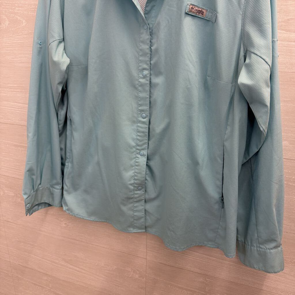 Columbia Blue Textured Long Sleeve Snap Front Top 2X