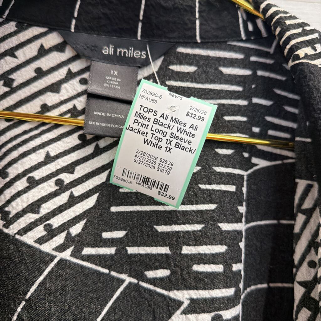 Ali Miles Black/ White Print Long Sleeve Jacket Top 1X
