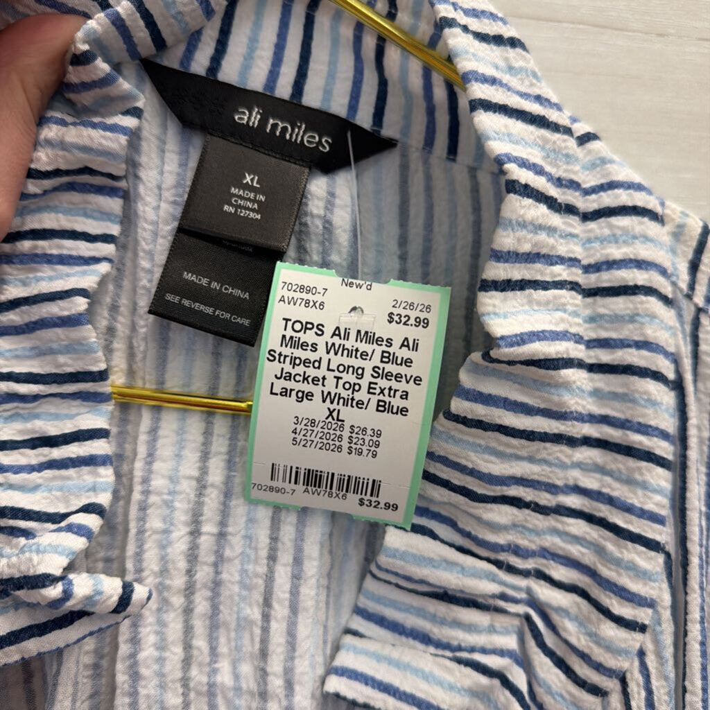 Ali Miles White/ Blue Striped Long Sleeve Jacket Top Extra Large