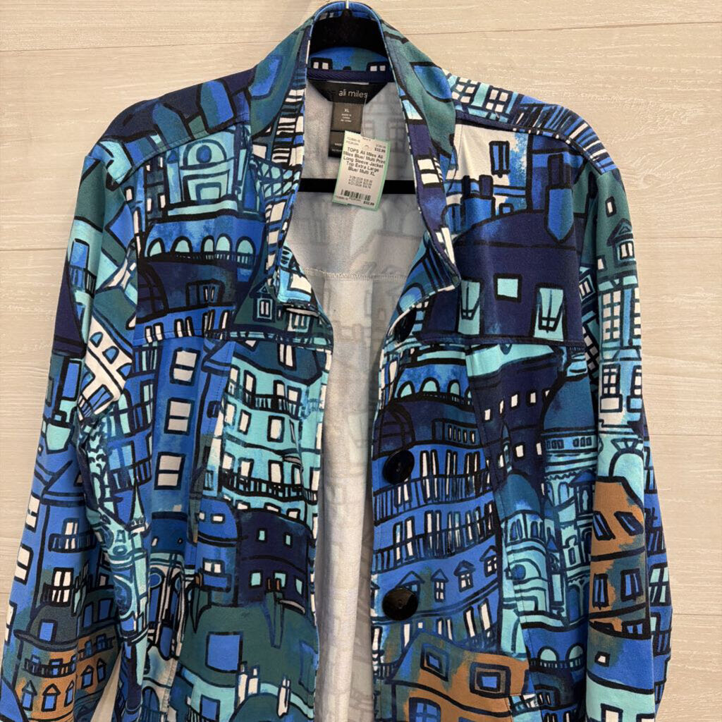 Ali Miles Blue/ Multi Print Long Sleeve Jacket Top Extra Large